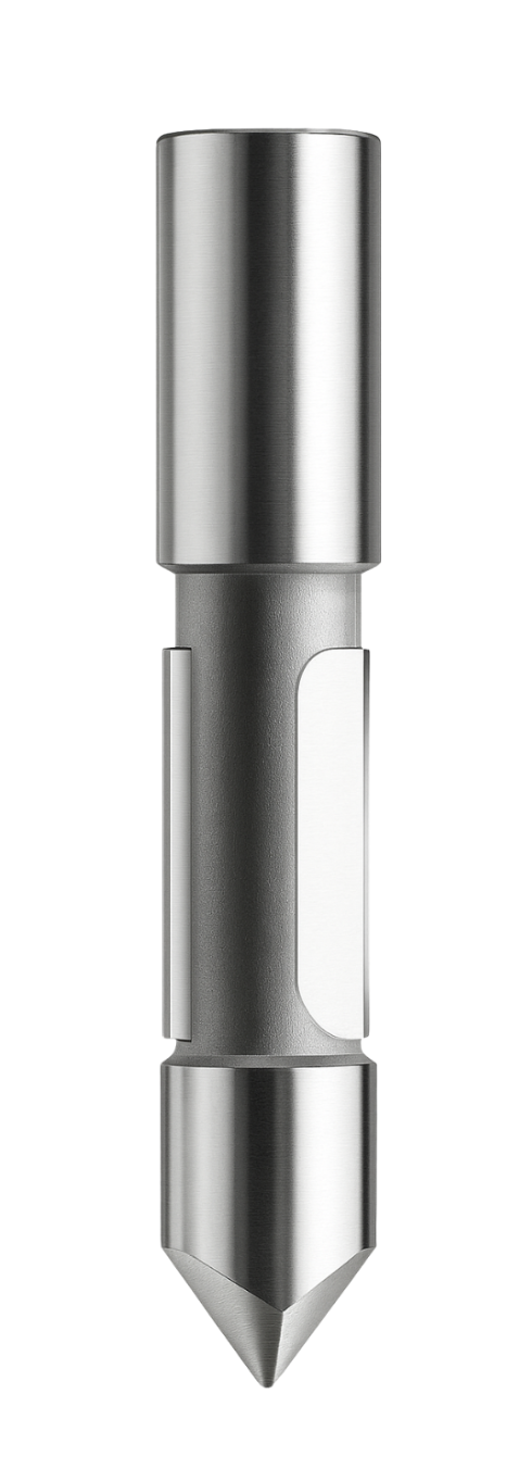 Close-up of a metallic black pen stylus with a pointed tip.