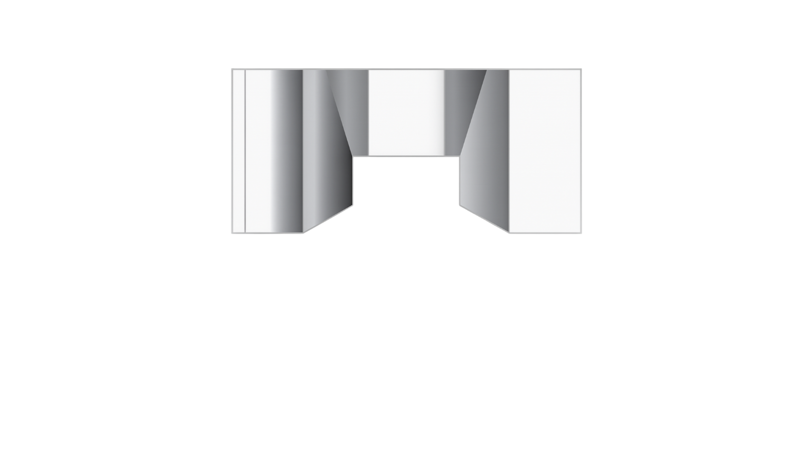 3D illustration of an open three-panel folding mirror with a metallic silver finish.