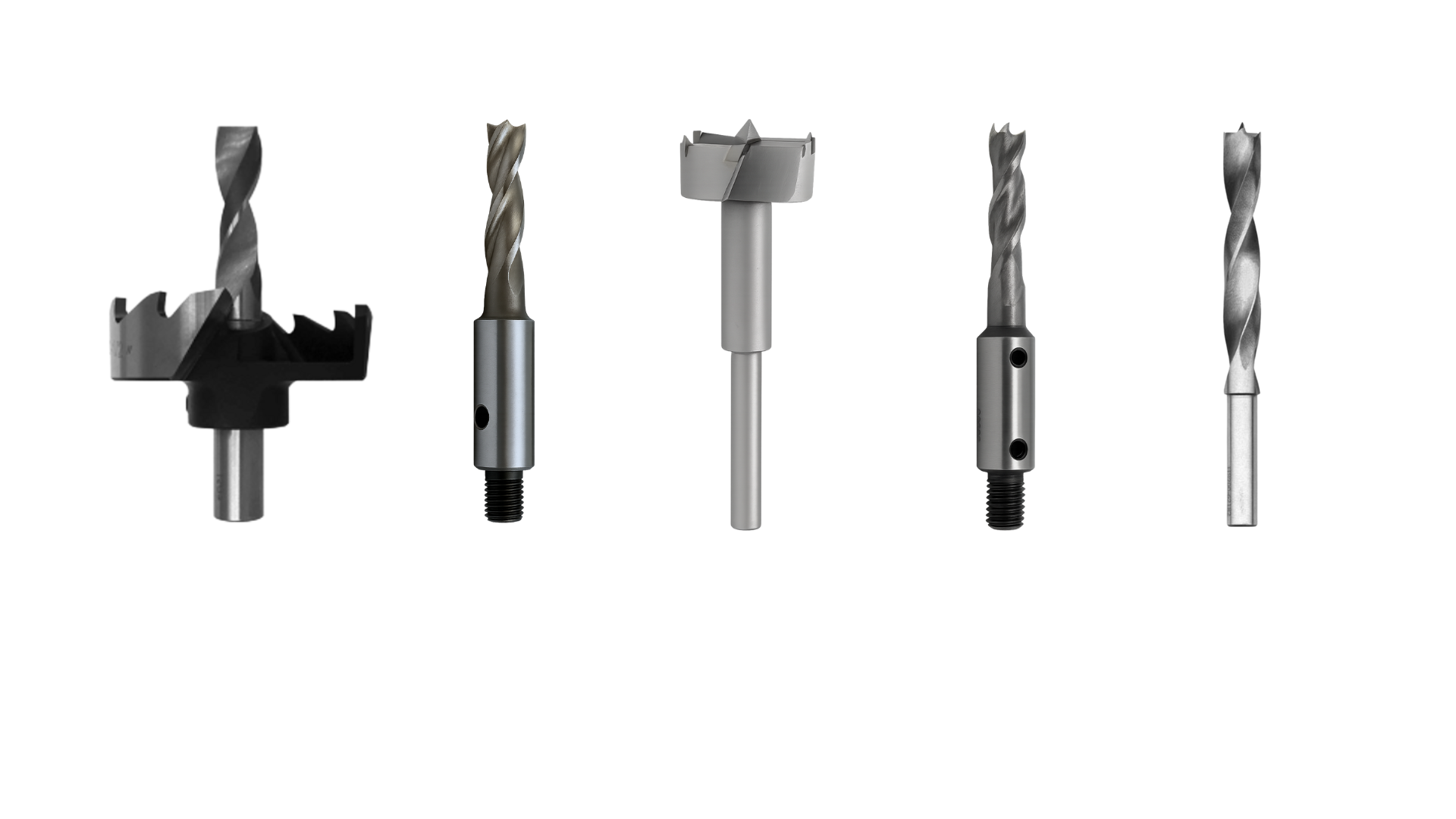 A row of five different metal drill bits against a white background.