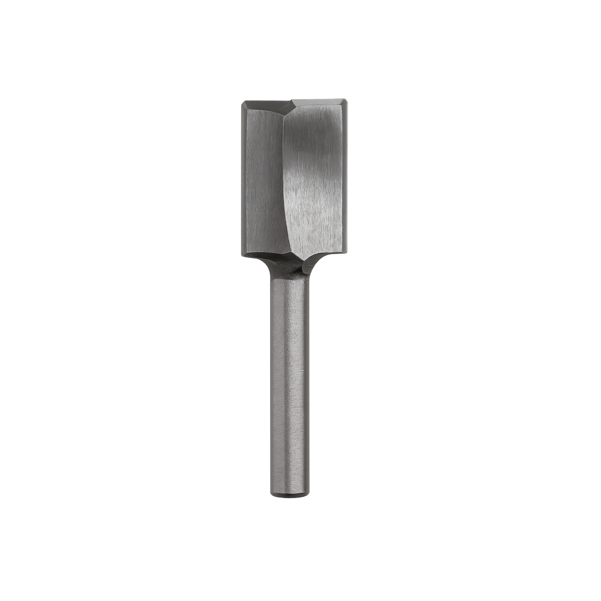 Steel chisel with a rectangular, flat blade and a rounded handle.