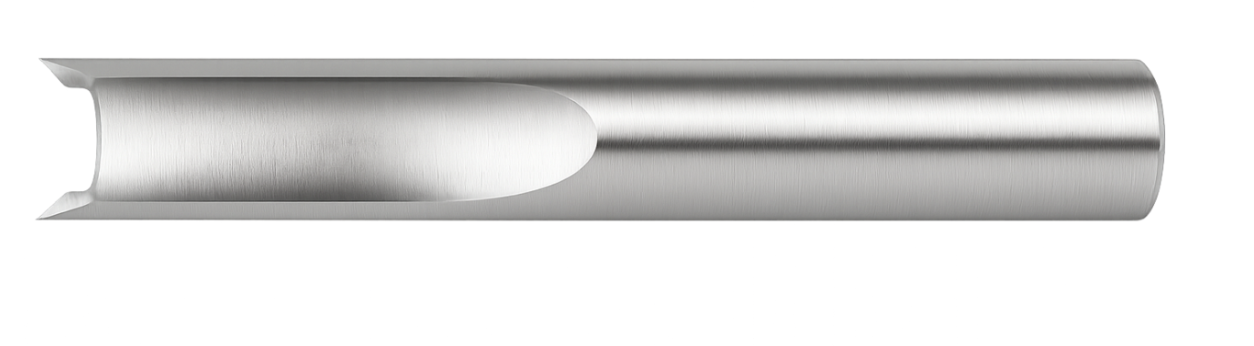 Close-up of a metal drill bit showing its cutting edges and cylindrical body.