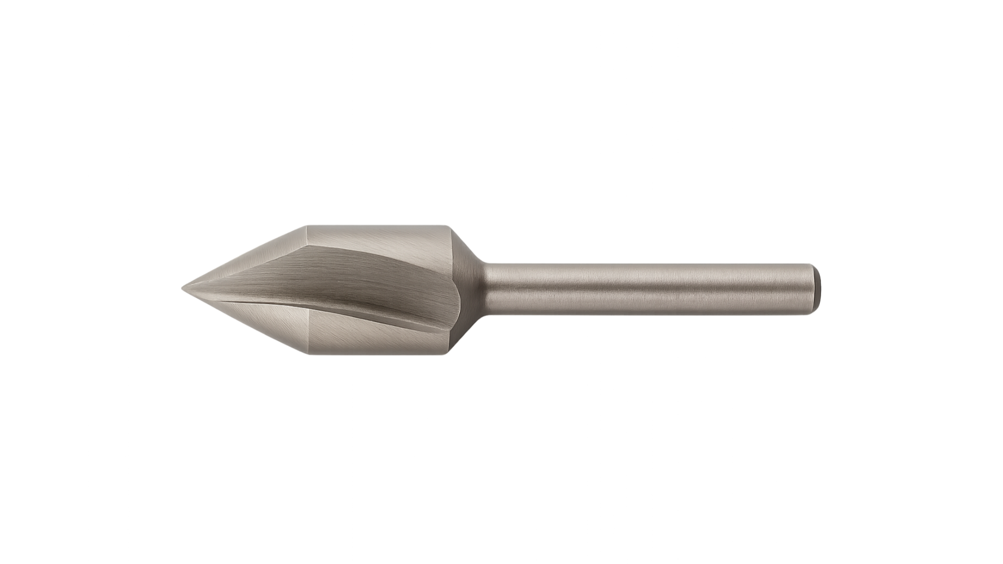 A metal drill bit with a pointed tip and a cylindrical shank, isolated on a white background.