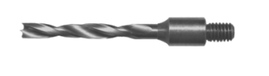 Close-up of a metal drill bit with twisted flutes and a threaded shank.