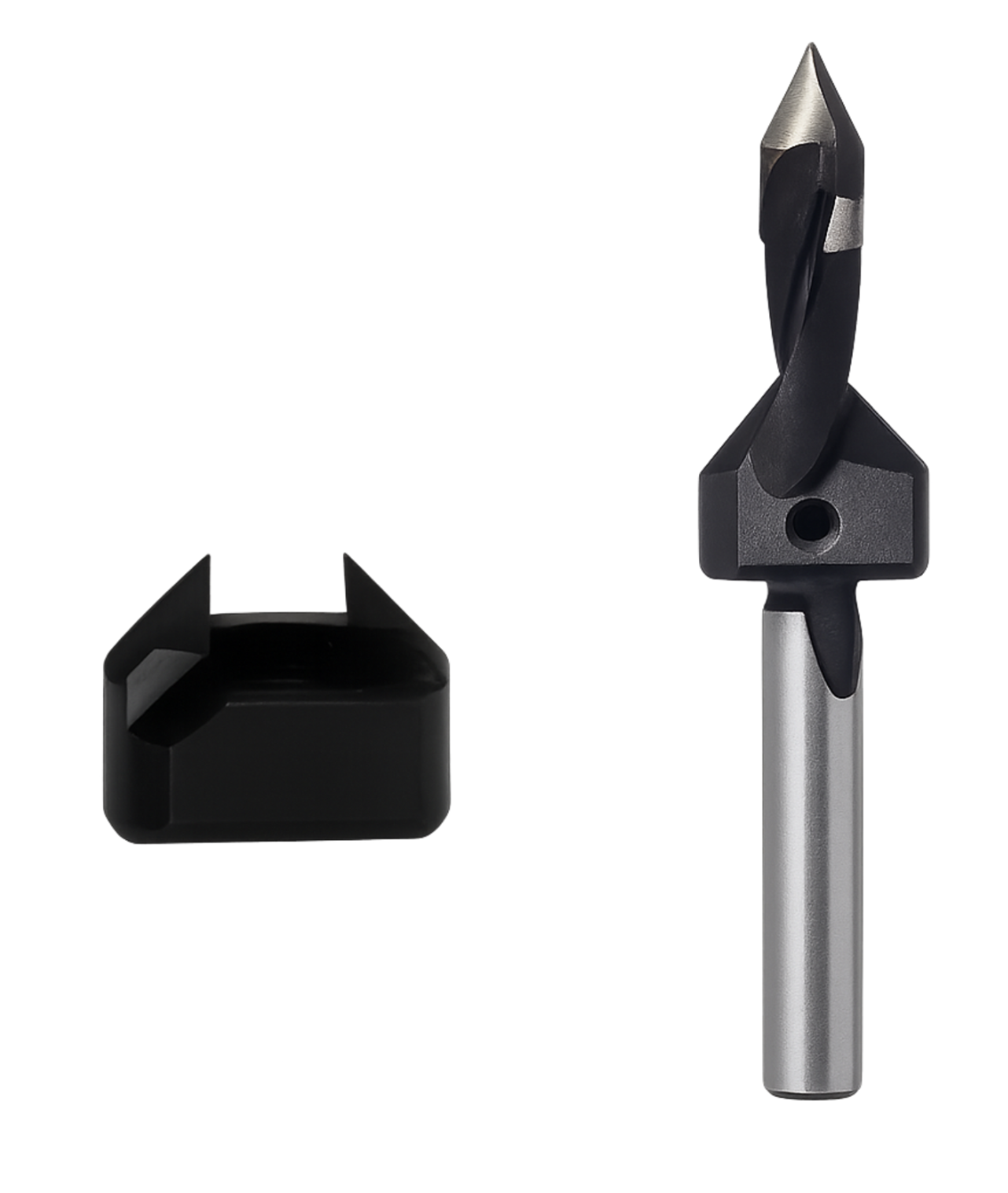 A metal drill bit with a black screw holder accessory