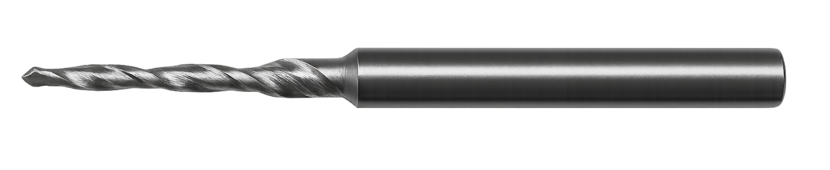 Close-up of a metallic drill bit with a cylindrical shank and twisted spiral cutting edge.