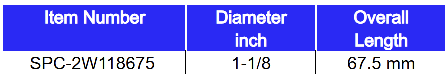 A table with blue headers displaying item number, diameter in inches, and overall length in millimeters, containing specific measurements and an item number.