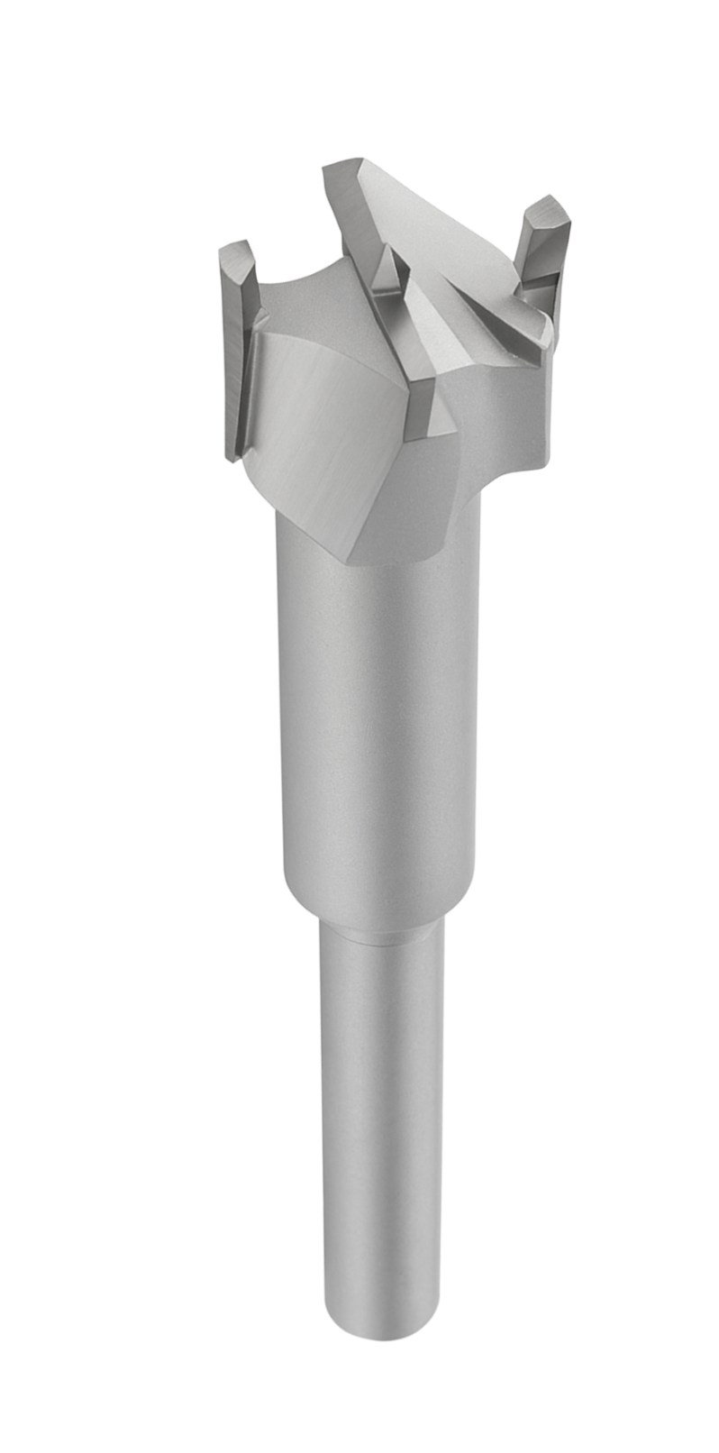 Close-up of a woodworking router bit with a shiny metal cutting edge.