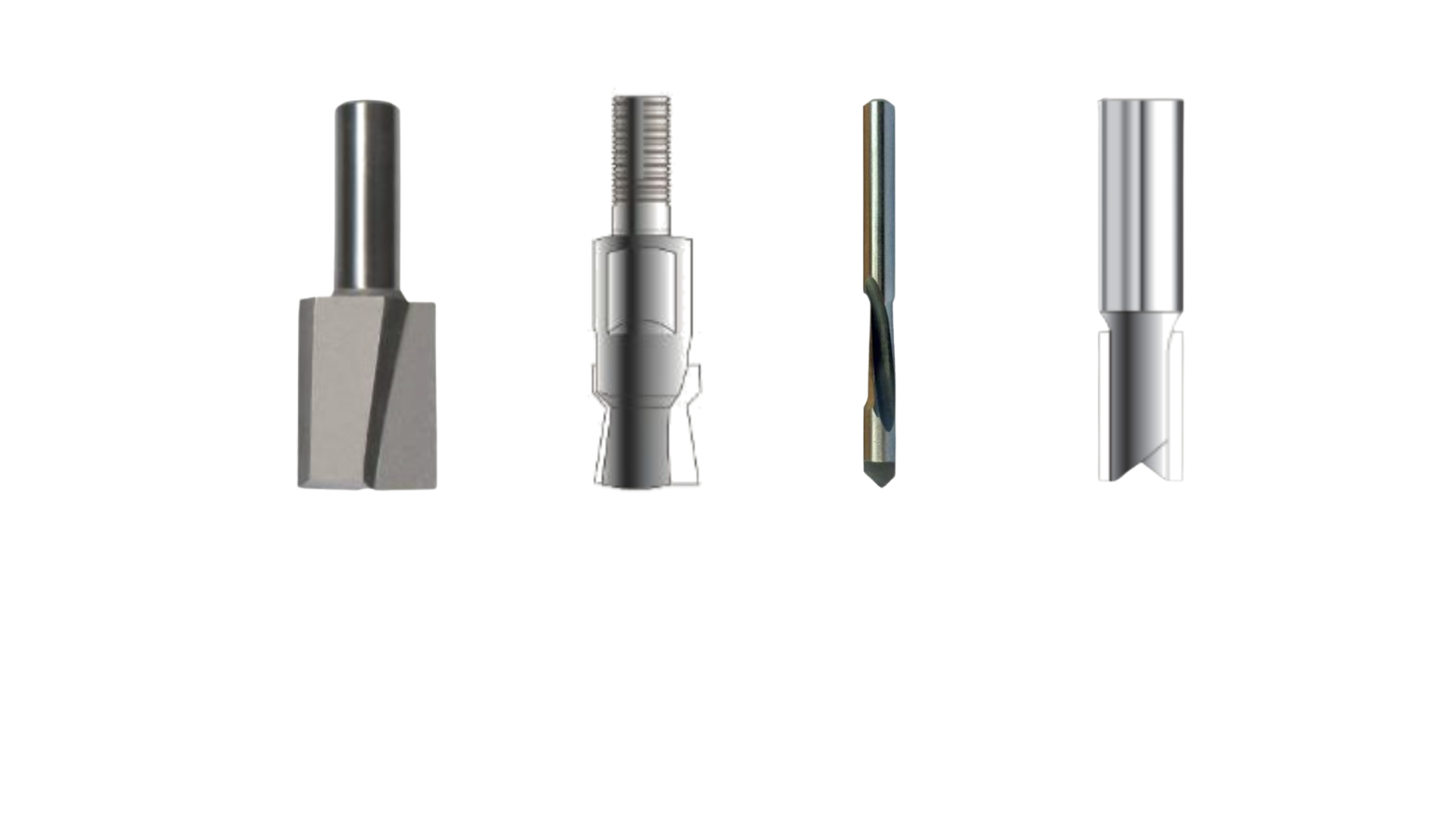 Four different types of industrial or mechanical cutting tools arranged in a row on a white background.