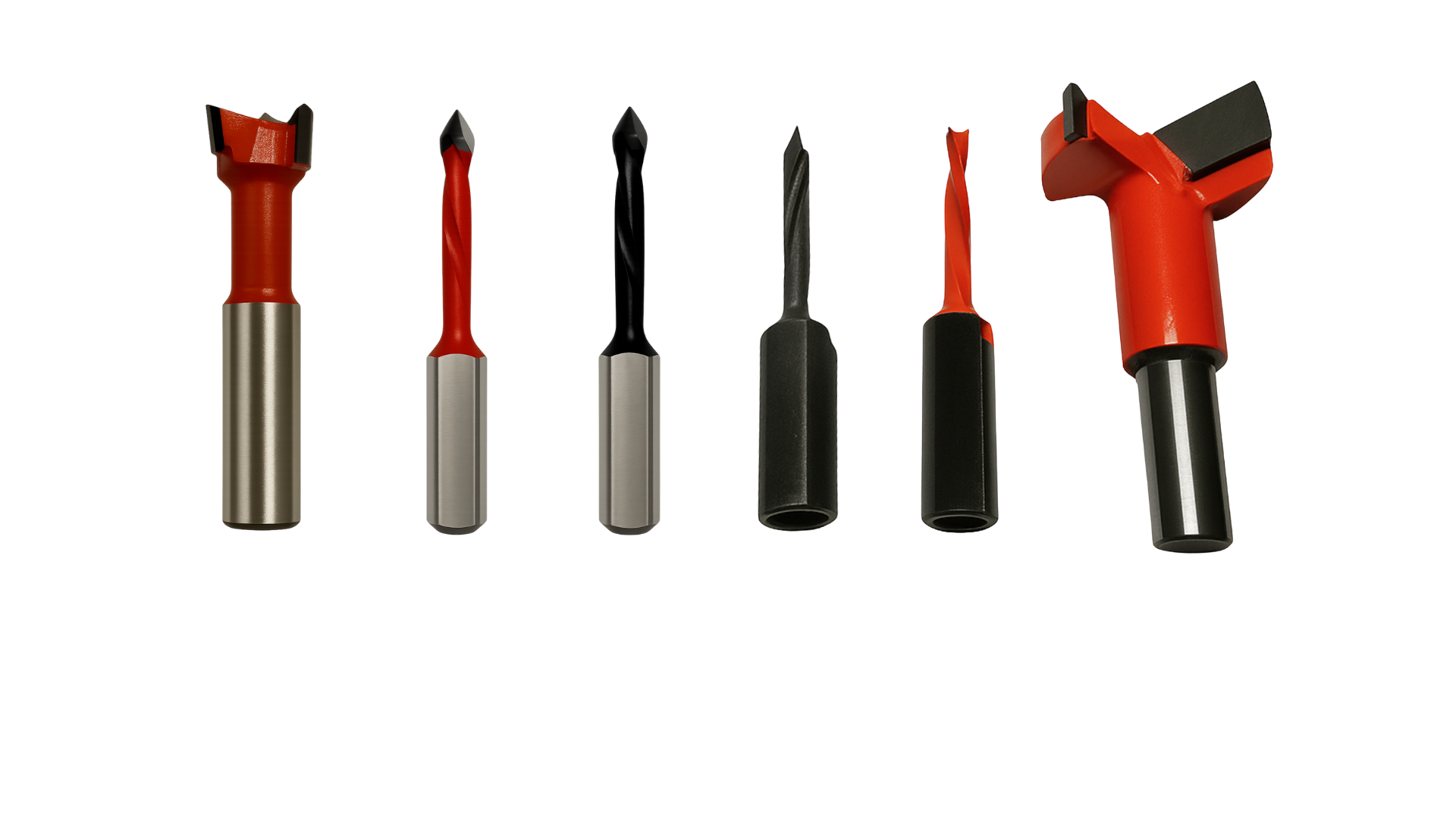 Six metal carving or rotary tool bits with red and black handles, aligned horizontally against a white background.