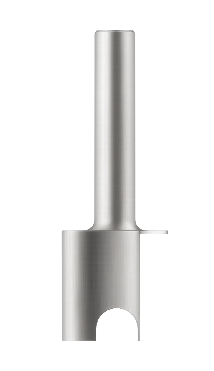 A sleek, silver metallic object with a vertical cylindrical shape and a flat, wide base featuring an arched opening.