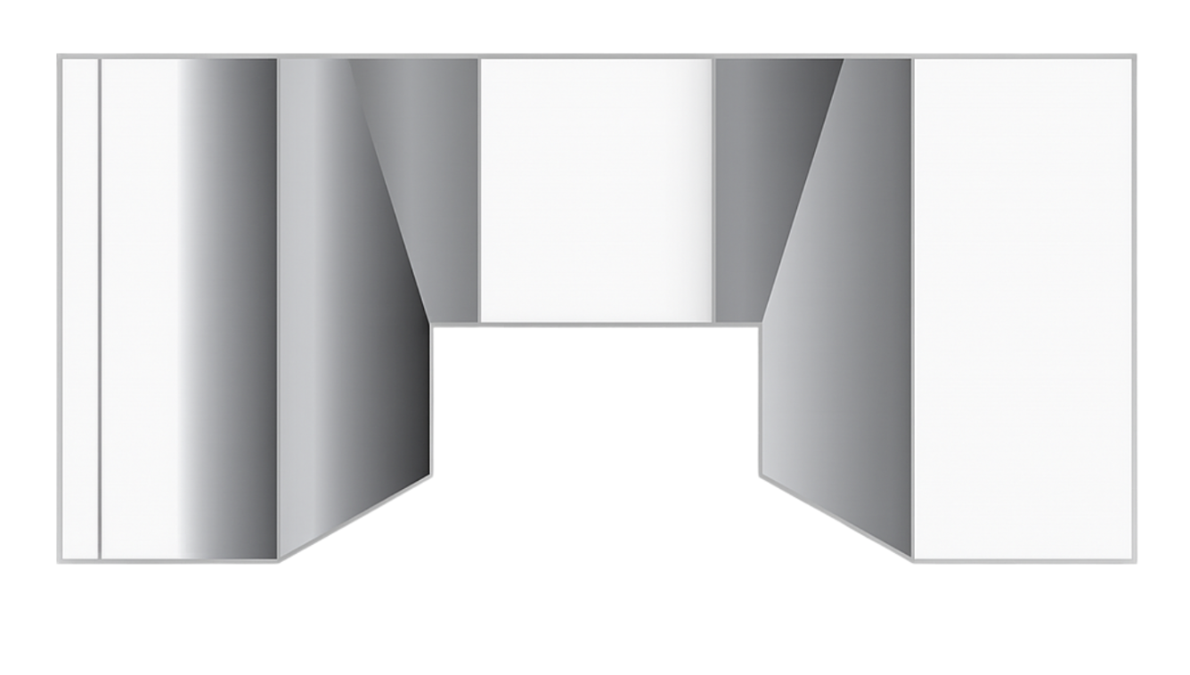 A modern, geometric mirror with a large rectangular central mirror and angled surrounding framed panels in shades of white and gray.