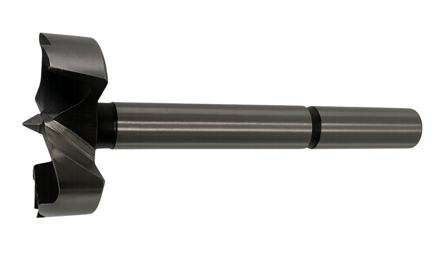 Industrial metal cutting tool with a spiral cutting blade and elongated cylindrical shank.