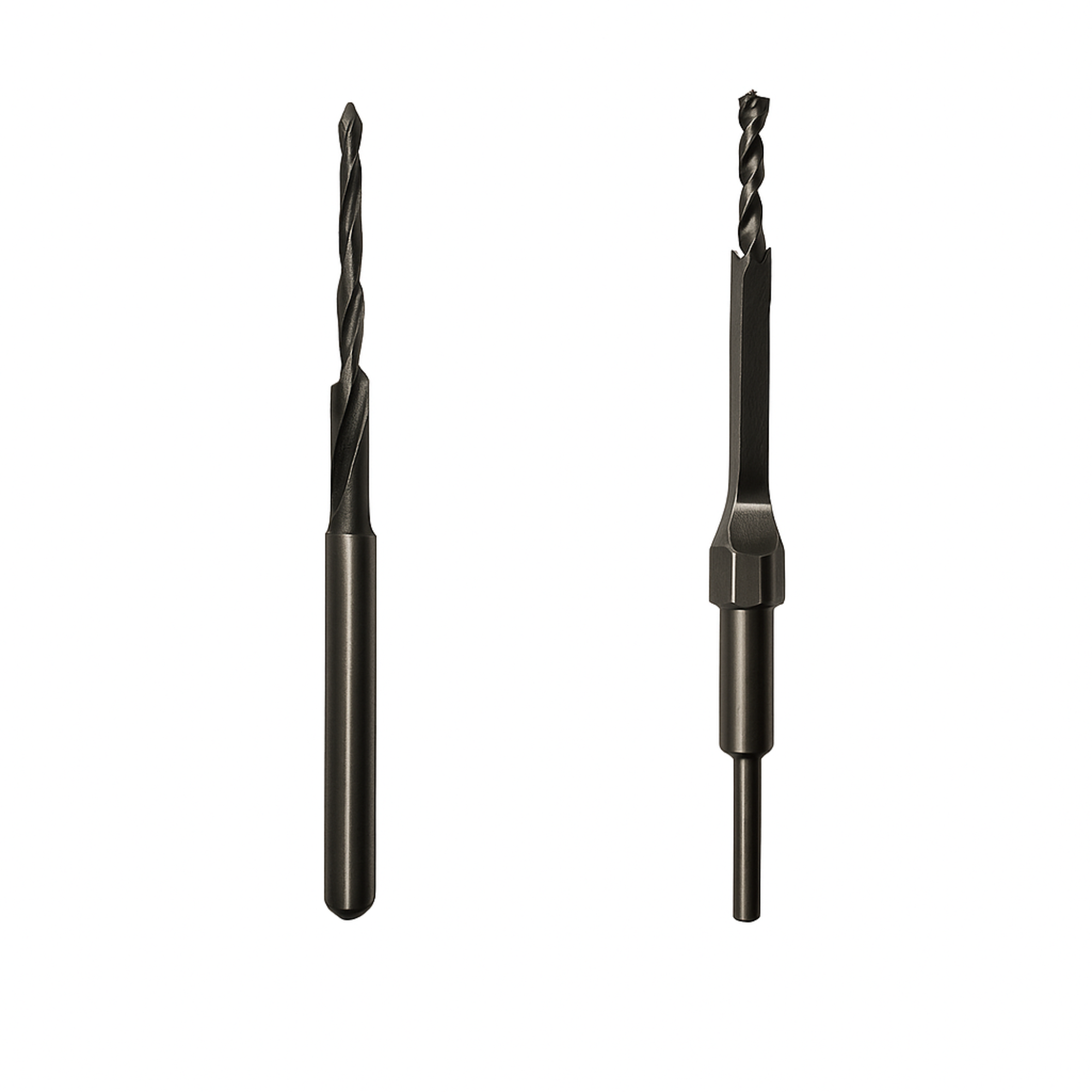 Two black twist drill bits against a white background.