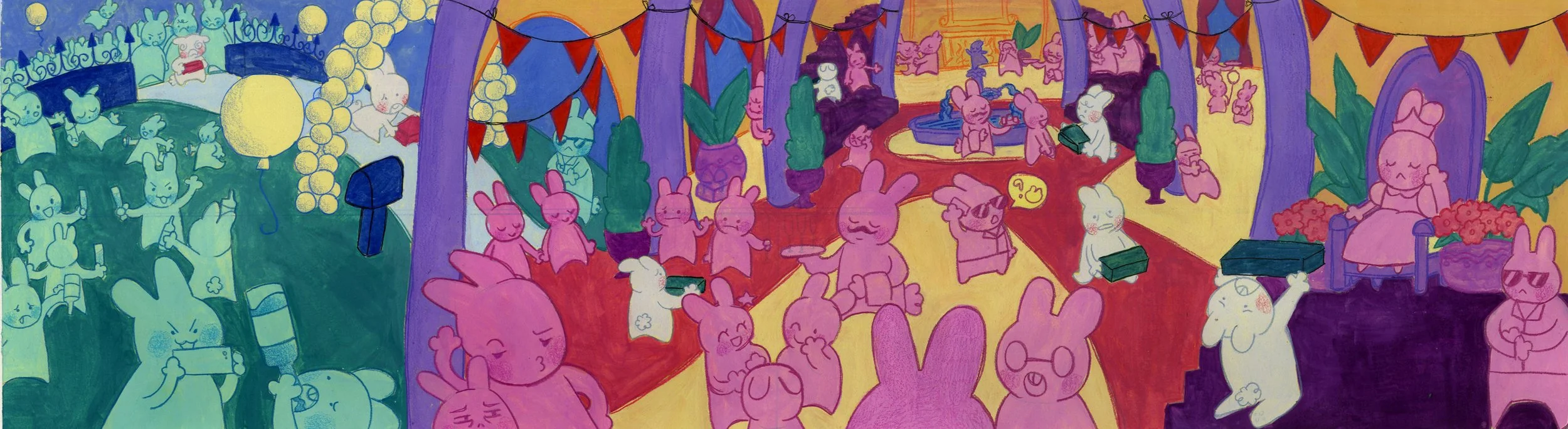 Back side of spread for short accordion book "Wrong Order" - 7 x 25' on cold-press water color paper; water based gouache and colored pencil