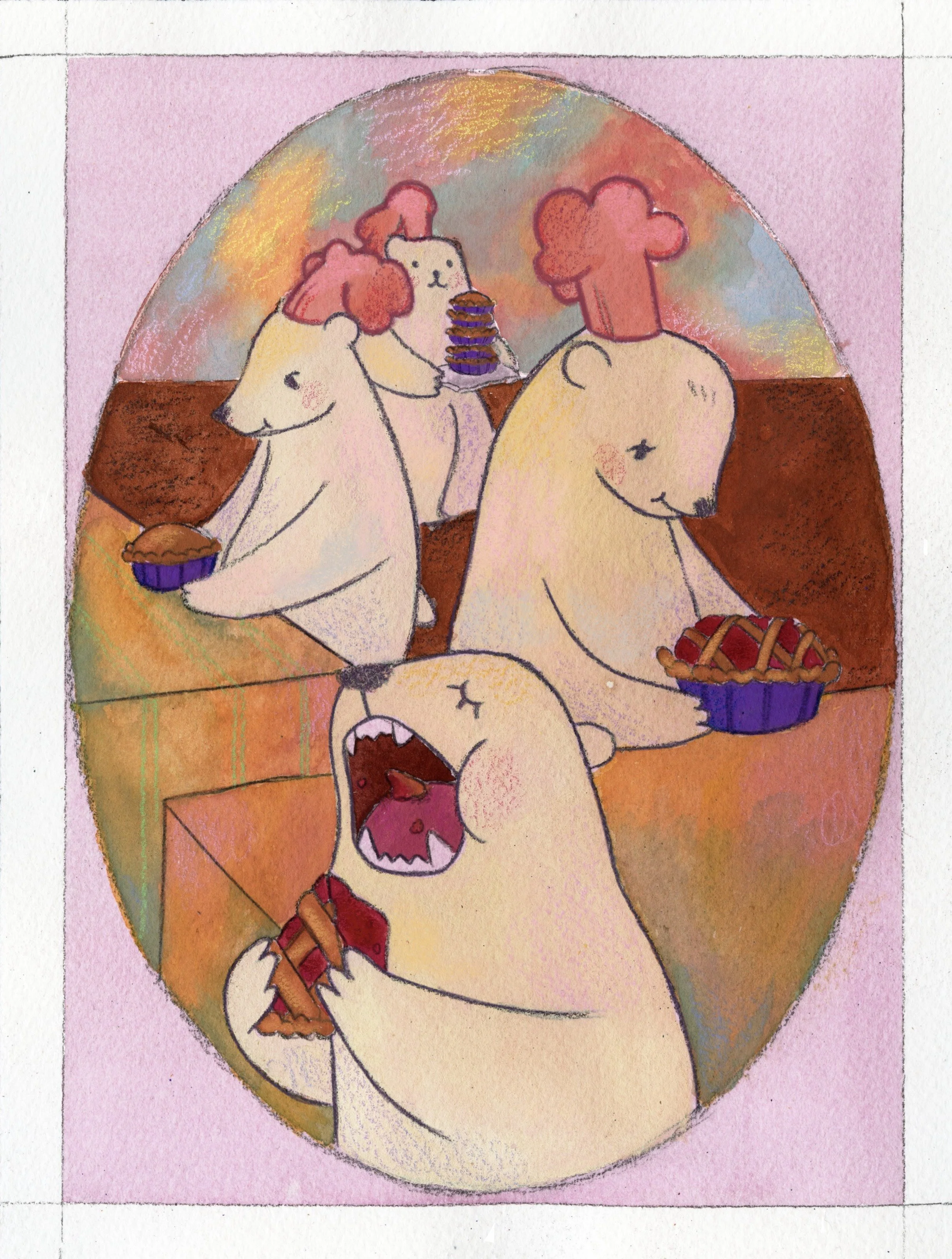 "Four Bears to Bake a Pie" - 5.375 x 7.25" mixed media on cold-pressed watercolor pad; Holbein acrylic gouache, colored pencil and Procreate