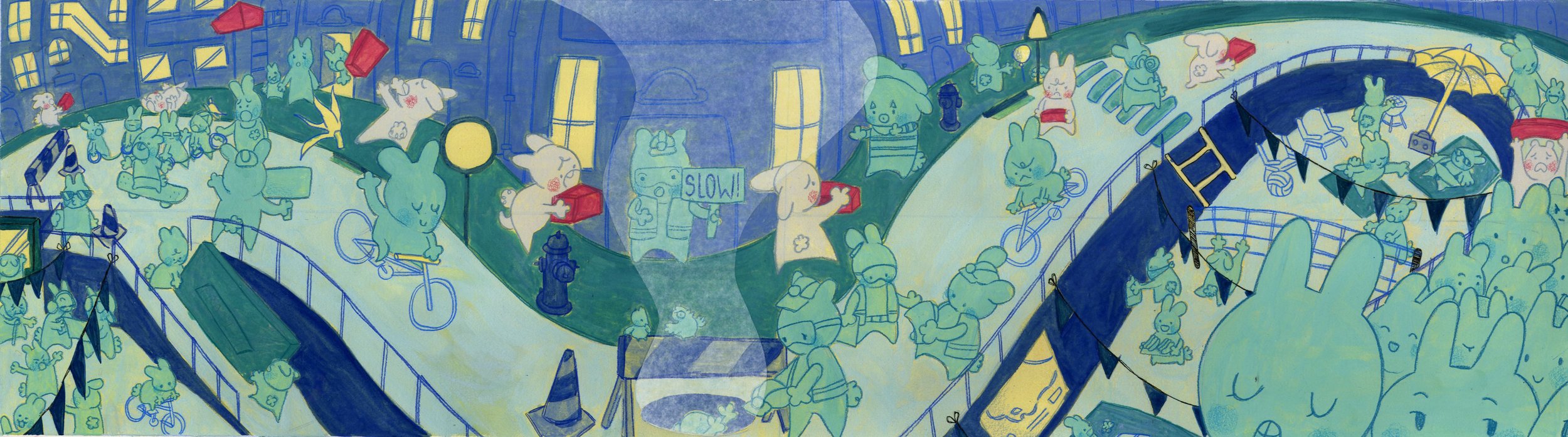 Front side of spread for short accordion book "Wrong Order" - 7 x 25' on cold-press water color paper; water based gouache and colored pencil