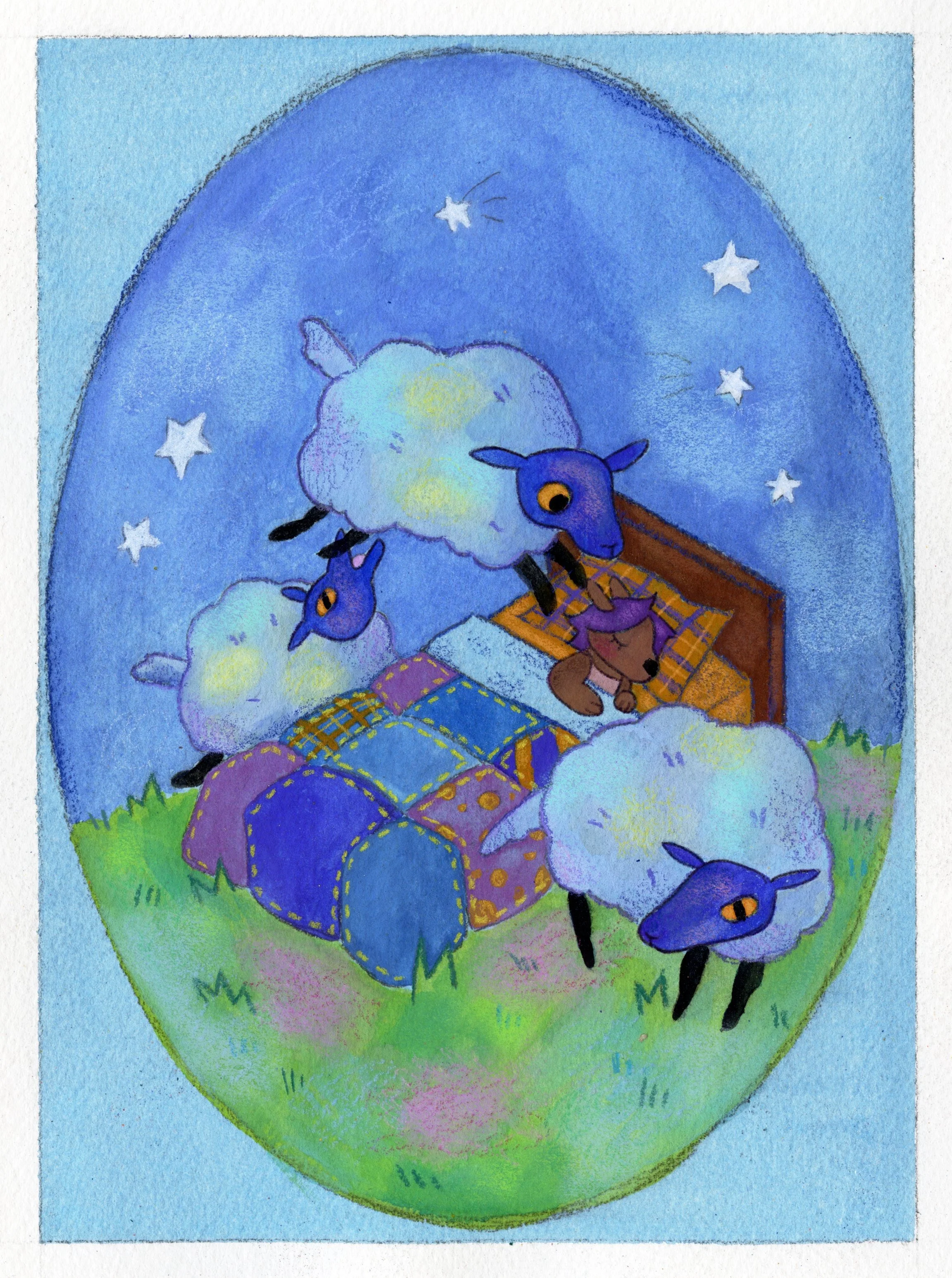 "Three Sheep to Watch You Sleep" - 5.375 x 7.25" mixed media on cold-pressed watercolor pad; Holbein acrylic gouache, colored pencil and Procreate