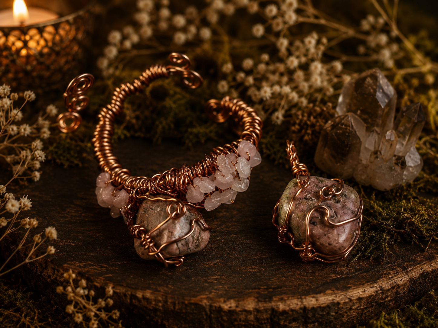 Rhodonite & Smoky Quartz Copper Bracelet & Pendant Set (SOLD)