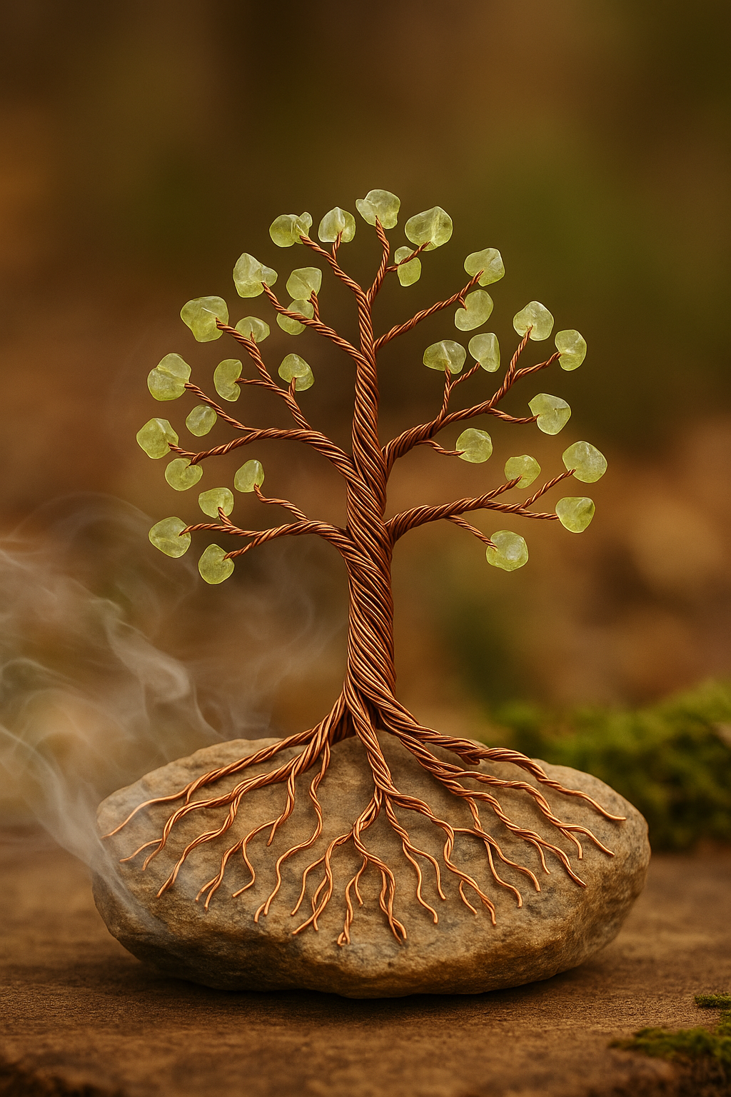 A decorative tree sculpture made of twisted copper wire with small green stones as leaves, mounted on a rock base.