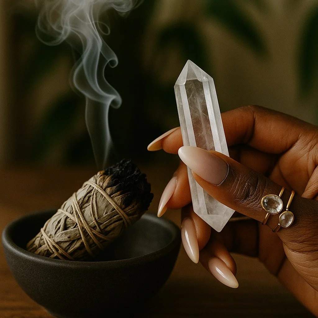 A person holding a clear quartz crystal point near a burning sage bundle in a black bowl, with smoke rising from the sage.