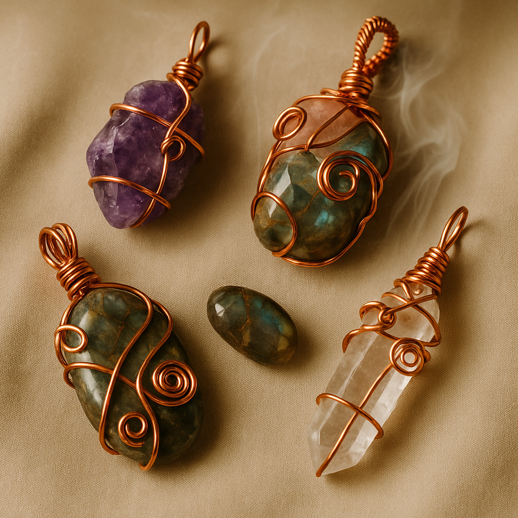 Four wire-wrapped gemstone pendants and two loose gemstones on a beige fabric surface.
