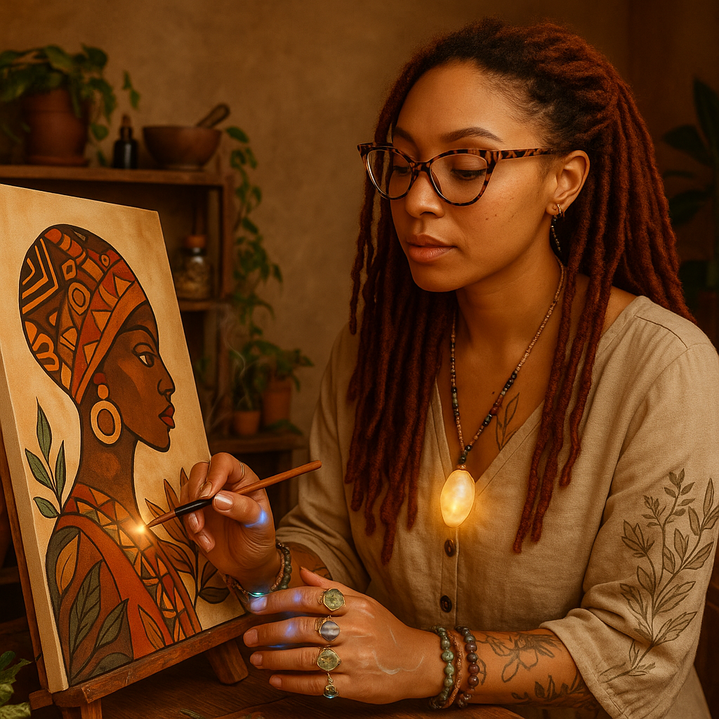 A woman with dreadlocks wearing glasses, a beige shirt, and jewelry paints a portrait of a woman in traditional African attire on a canvas.