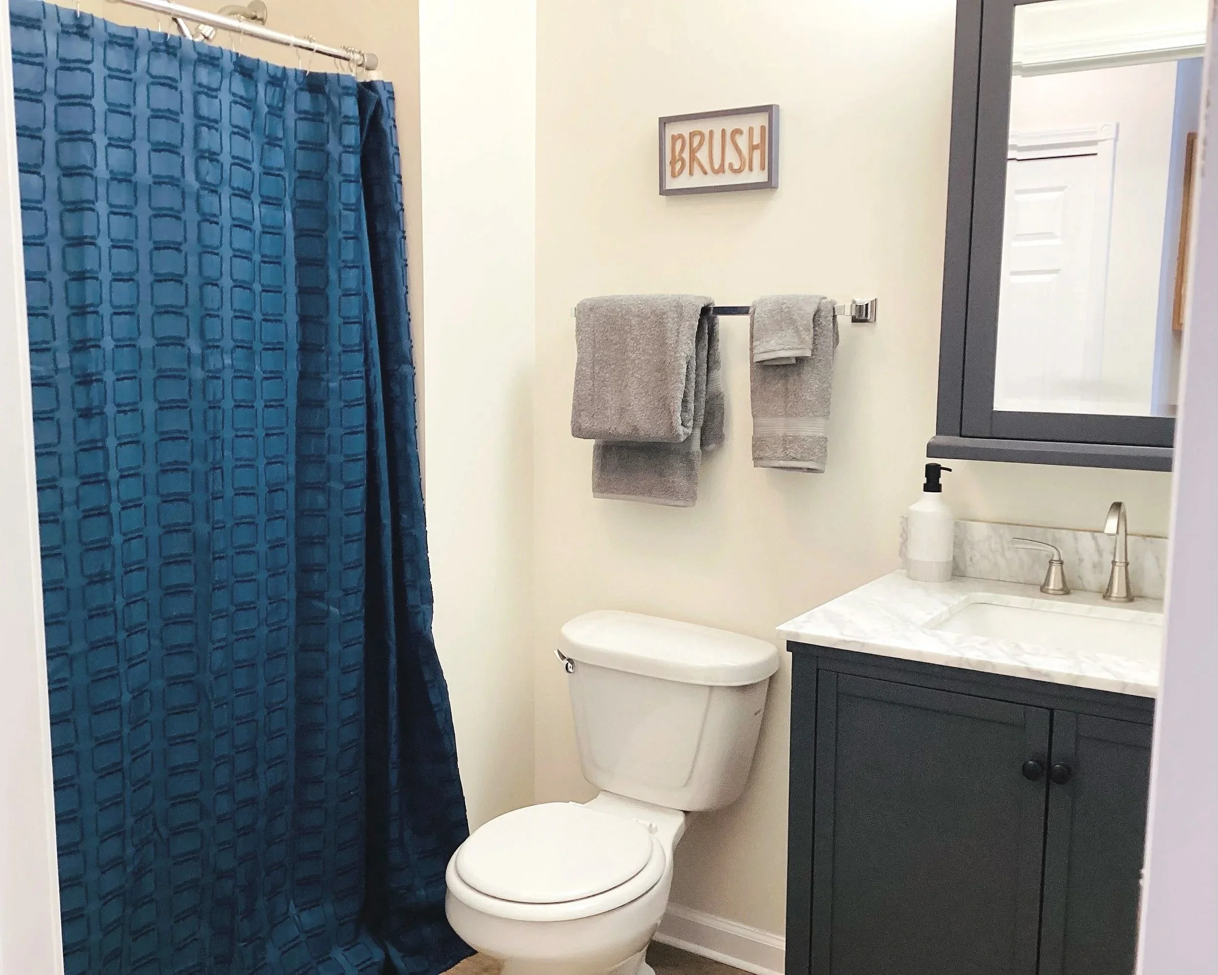 A small bathroom with a blue shower curtain, gray towels on a towel rack, a white toilet, a dark gray vanity with a marble countertop, and a mirror cabinet above the sink. There is a framed sign that says 'BRUSH' on the wall.