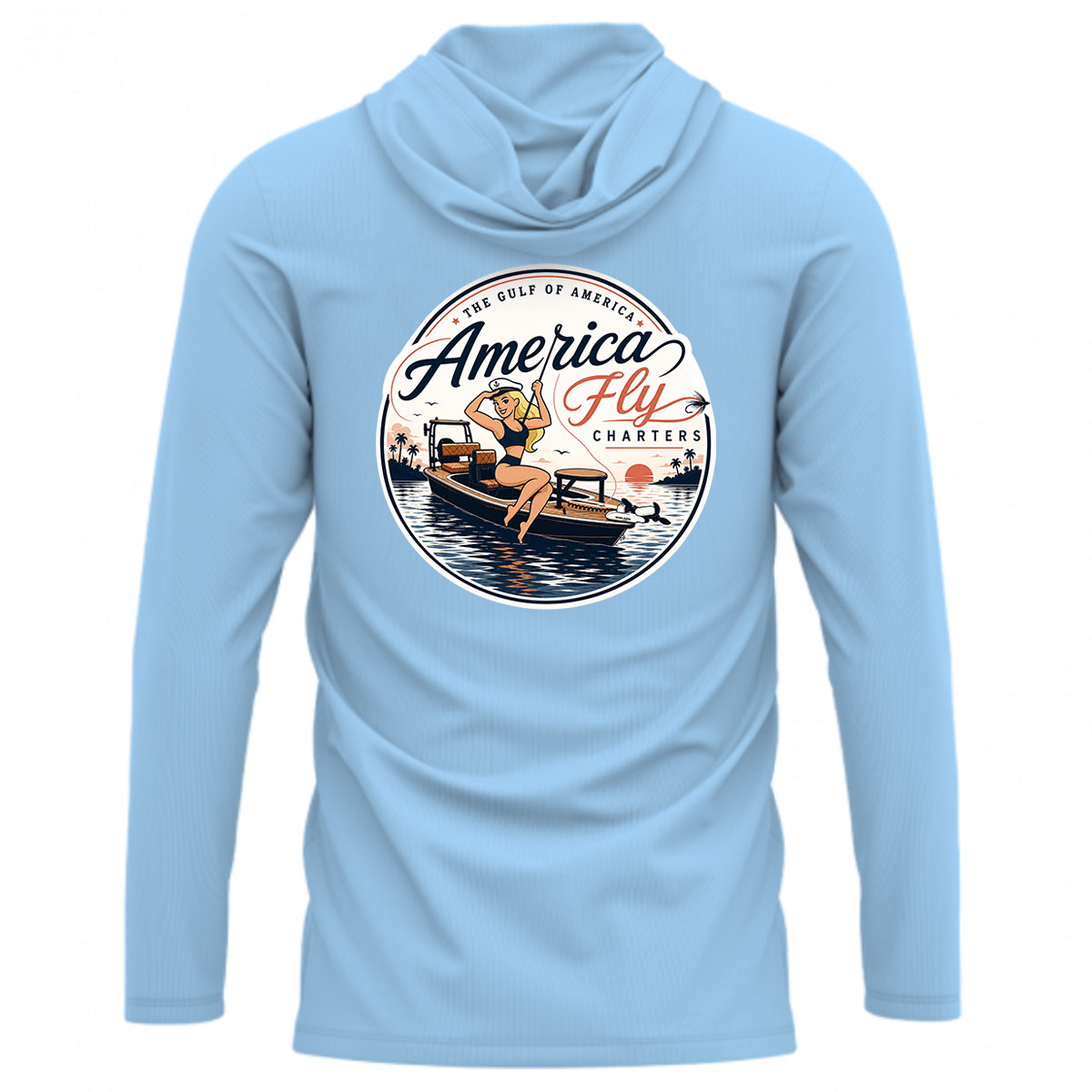AMERICA FLY CHARTERS LONG SLEEVE HOODED UPF 50+ SUN PROTECTION PERFORMANCE SHIRT WITH UV PROTECTION