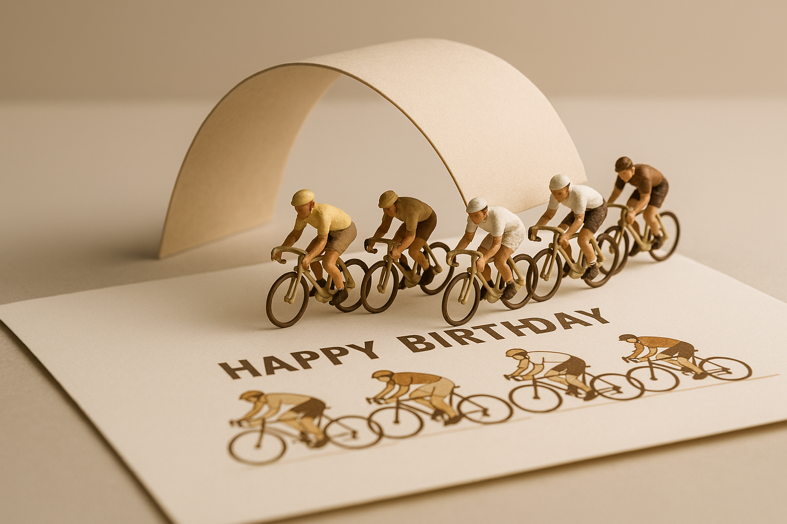 Miniature figurines of cyclists riding on a paper with a 'Happy Birthday' message, with an arched piece of cardboard above them.