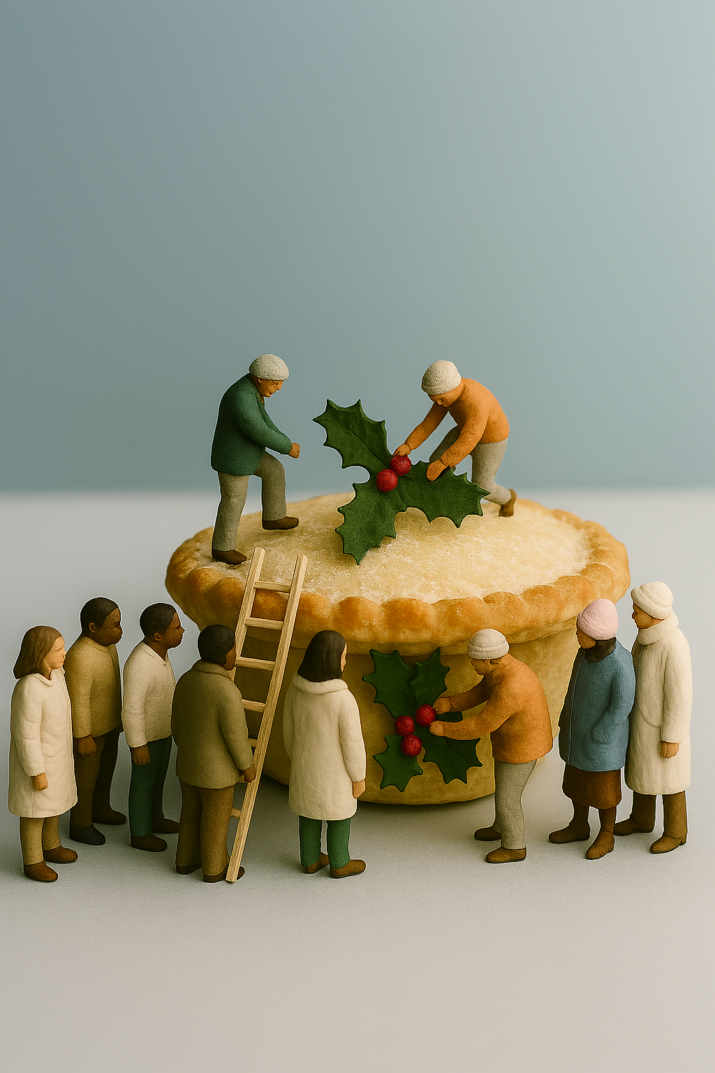 Miniature figurines of people decorating a large Christmas cookie with holly leaves and berries, with some people standing in line to participate.