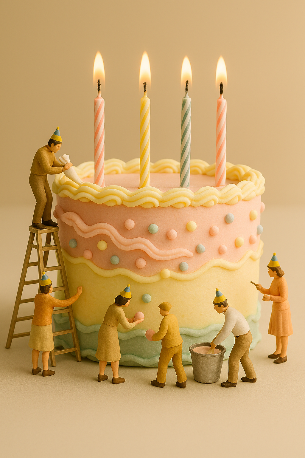Miniature figurines of people decorating a pastel-colored birthday cake with candles, using tools and ladders.