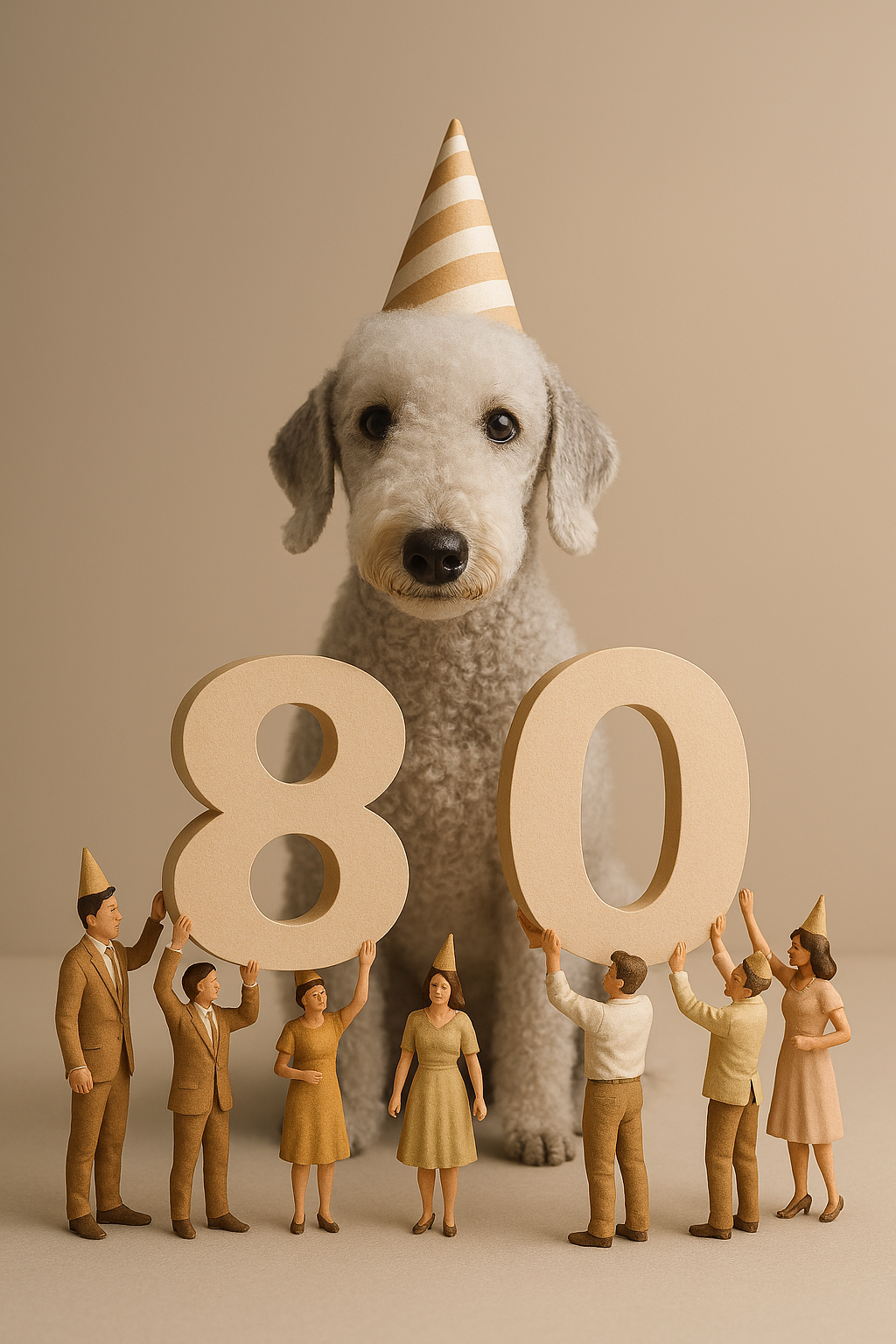 A dog wearing a striped party hat surrounded by miniature figurines holding large number 80 signs, celebrating a birthday.