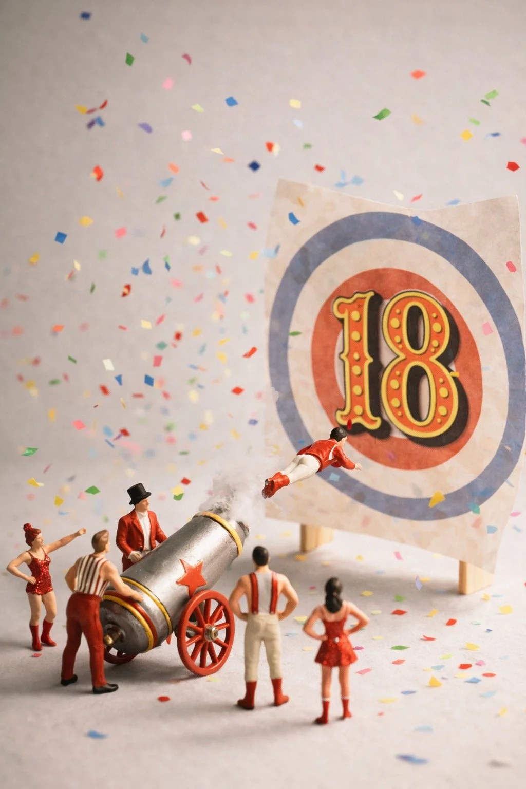 Miniature circus scene with five figurines, a cannon, colorful confetti, and a sign with the number 18.