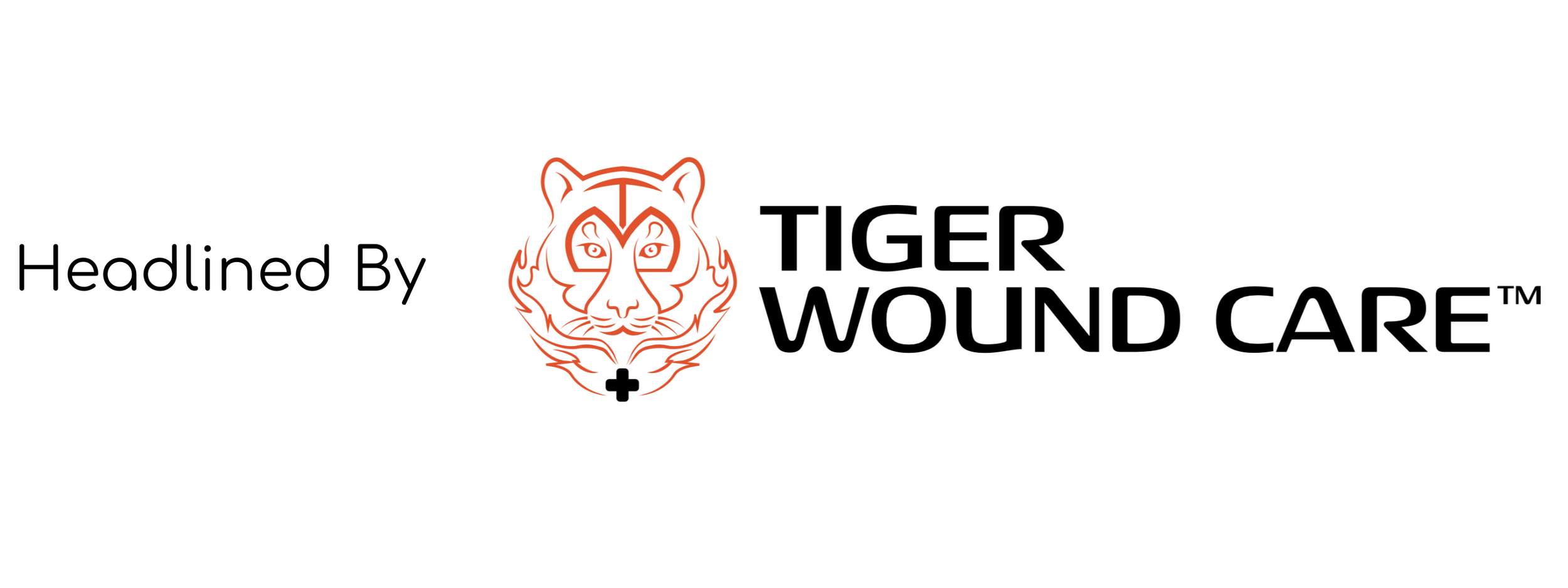 Logo with a tiger's face outline in orange and black, alongside text 'Headlined By TIGER WOUND CARE'.