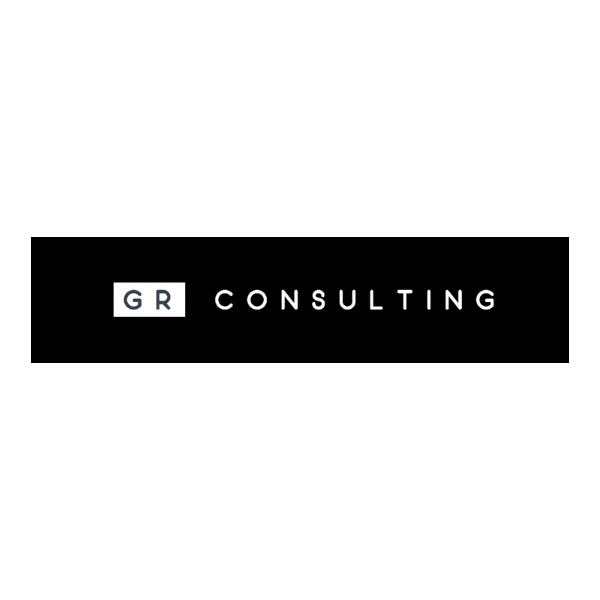 GR Consulting logo with black background and white text