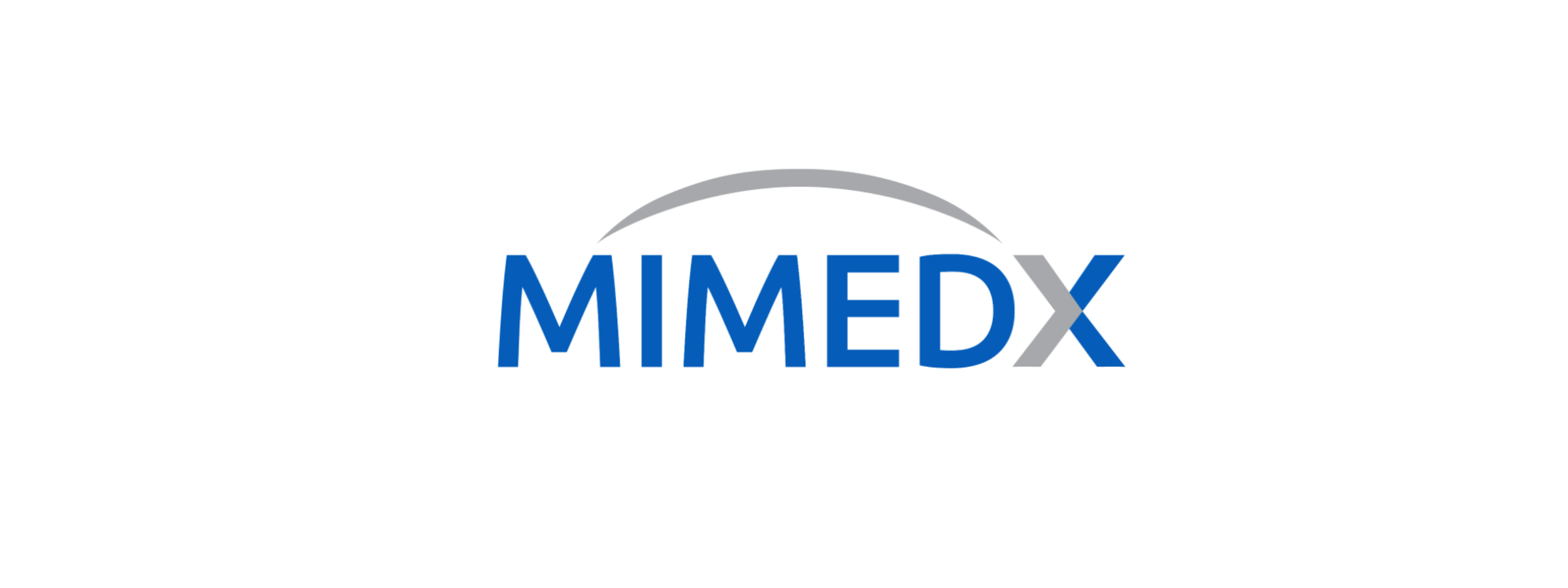 Logo of MIMEDX with the company name in blue and gray text, featuring a curved gray line above