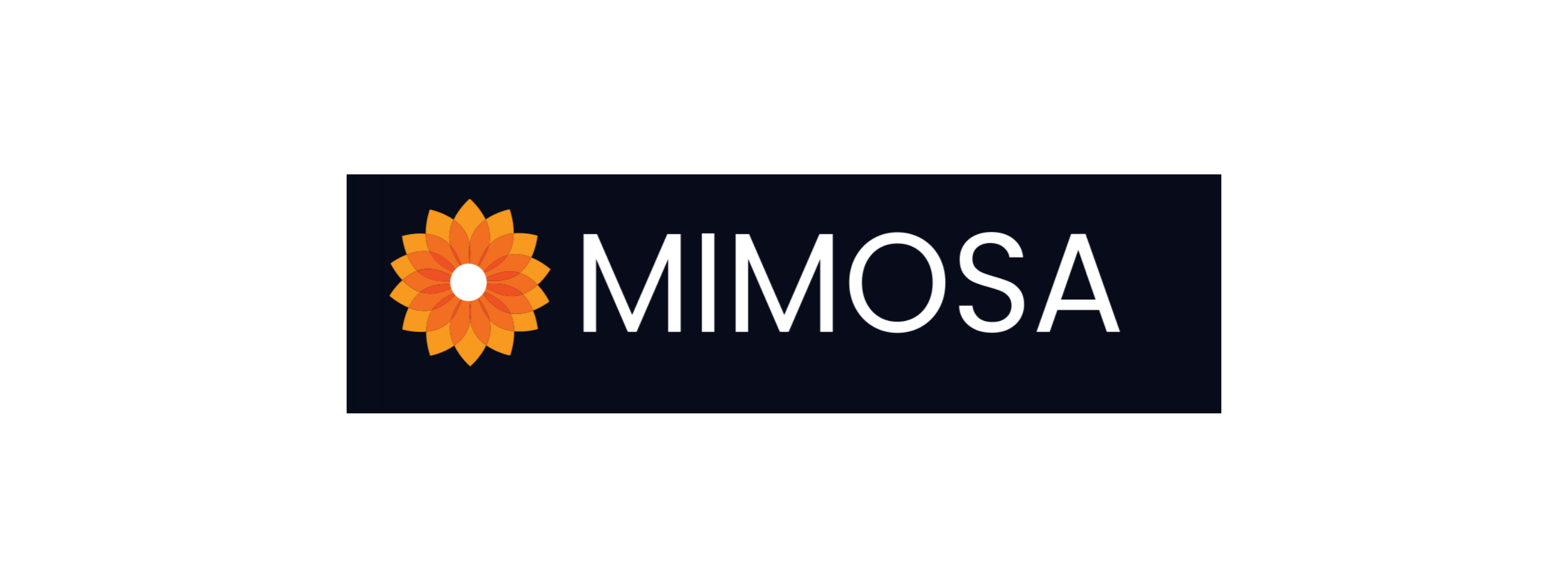 A logo with a stylized orange and yellow flower on the left and the word 'MIMOSA' in white uppercase letters on a black rectangular background.