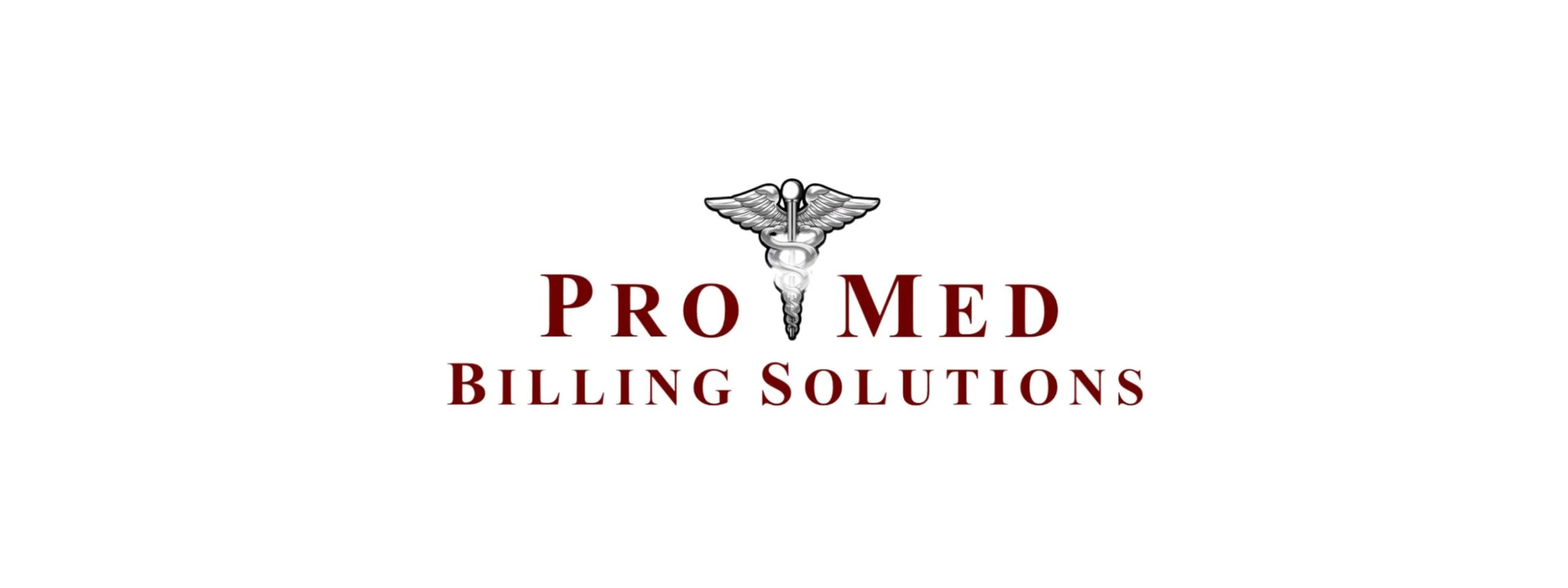 Logo for Pro Med Billing Solutions featuring a caduceus with wings and a staff in the center, and the company name in maroon text.