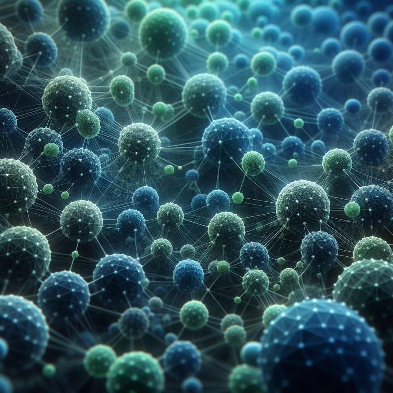 Digital illustration of interconnected spherical particles in shades of blue and green, resembling a molecular or neural network.