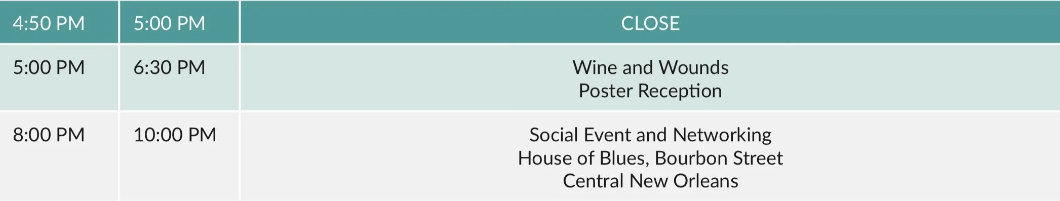 A schedule or timetable with times and events listed, including the times 4:50 PM, 5:00 PM, 6:30 PM, 8:00 PM, 10:00 PM and events like Wine and Wounds Poster Reception, and Social Event and Networking at House of Blues, Bourbon Street, Central New Orleans.