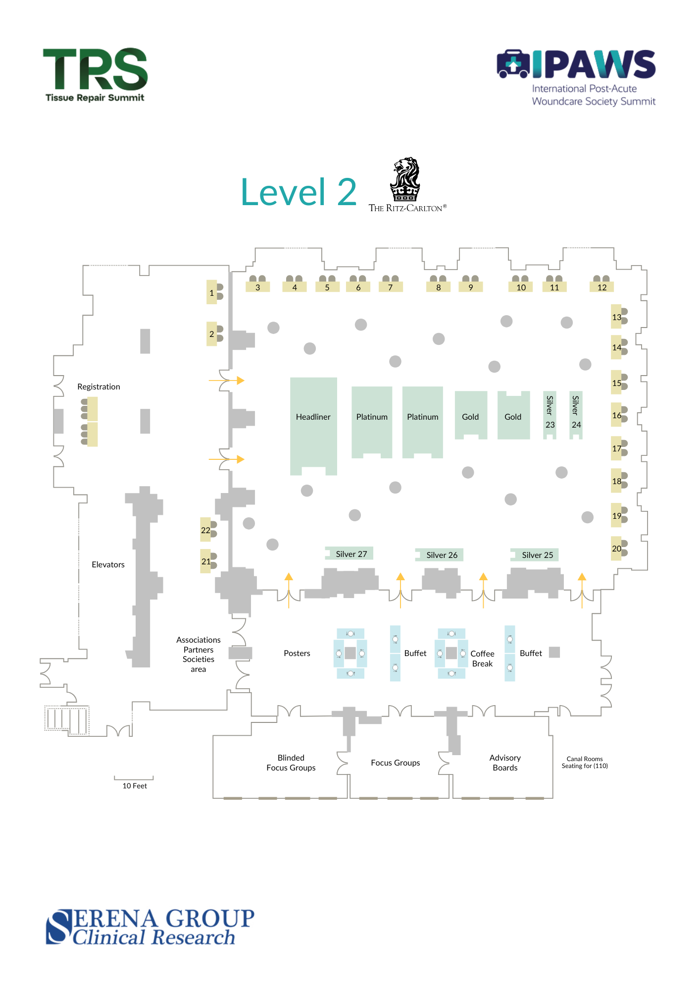 Floor plan of a conference center with labeled areas for Tissue Repair Summit and International Post-Acute Wound Care Society Summit, featuring a registration area, elevators, poster and focus group rooms, main exhibition area with labeled booths and