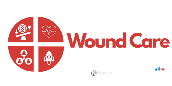 Logo for Advanced Wound Care Summit featuring four icons representing different medical themes and the event name in bold white and red text.