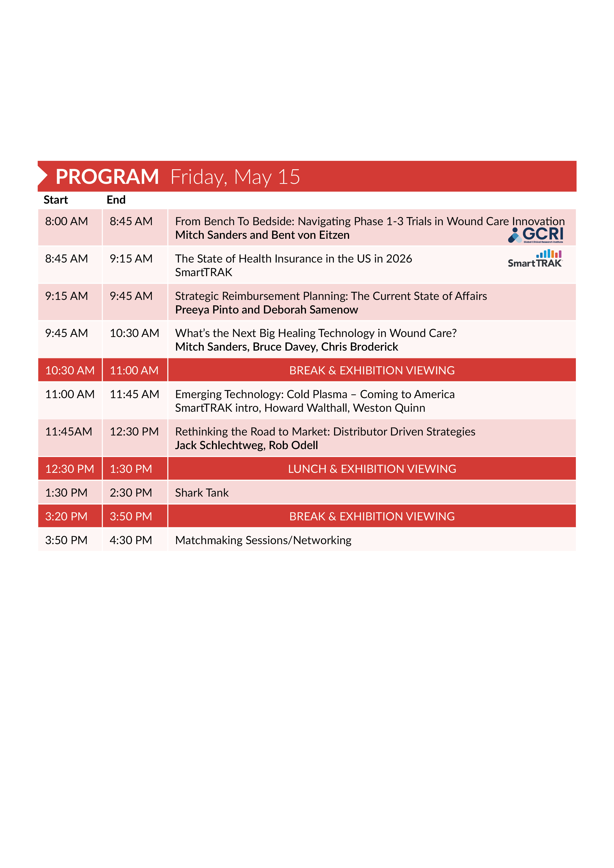 Schedule of a conference or event on Friday, May 15, listing session times, titles, speakers, and breaks throughout the day.