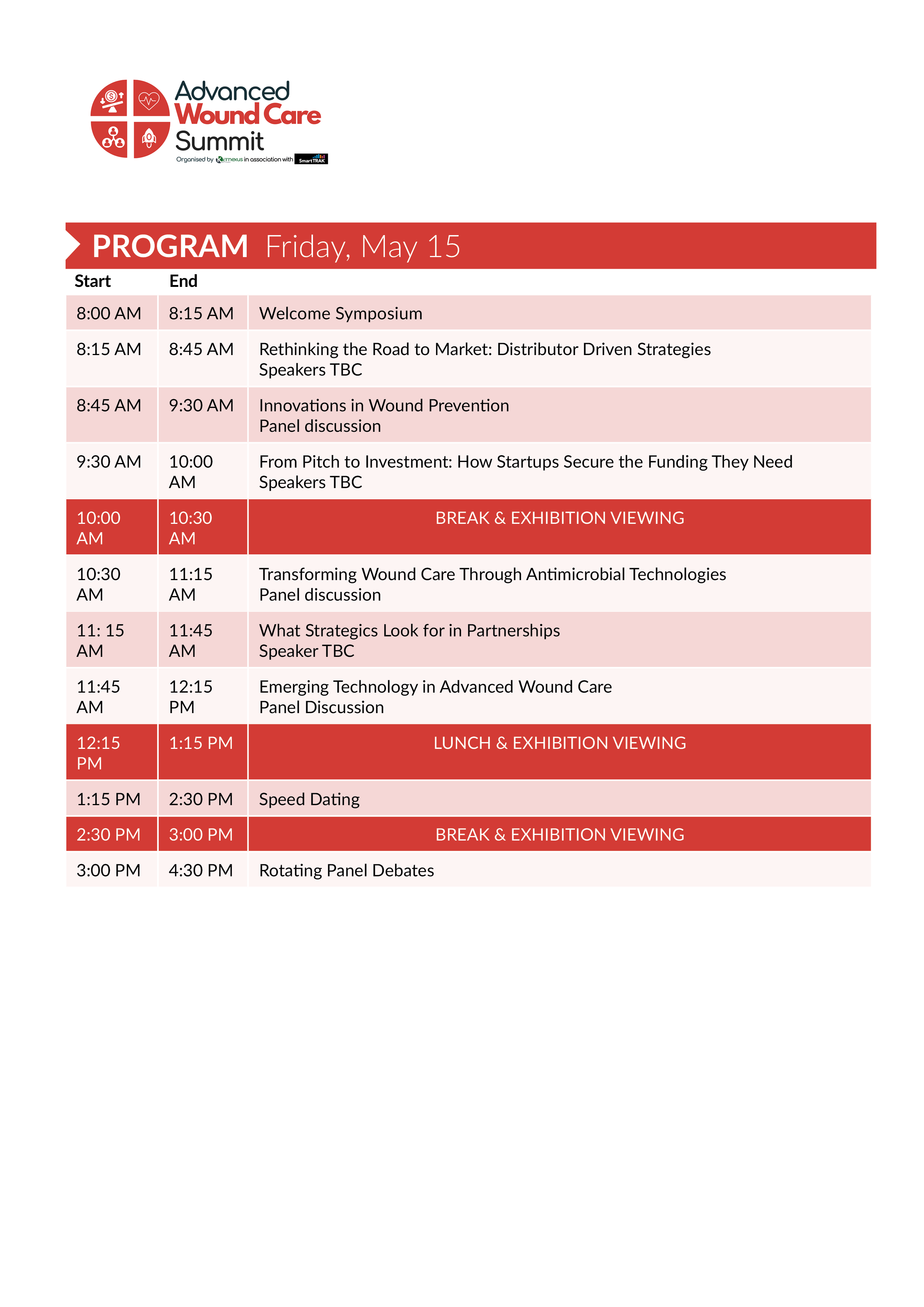 Schedule for the Advanced Wound Care Summit on Friday, May 15, featuring sessions on wound care strategies, innovations, funding, antimicrobial technologies, partnerships, emerging technology, speed dating, and debate panels, with designated breaks and lunch.