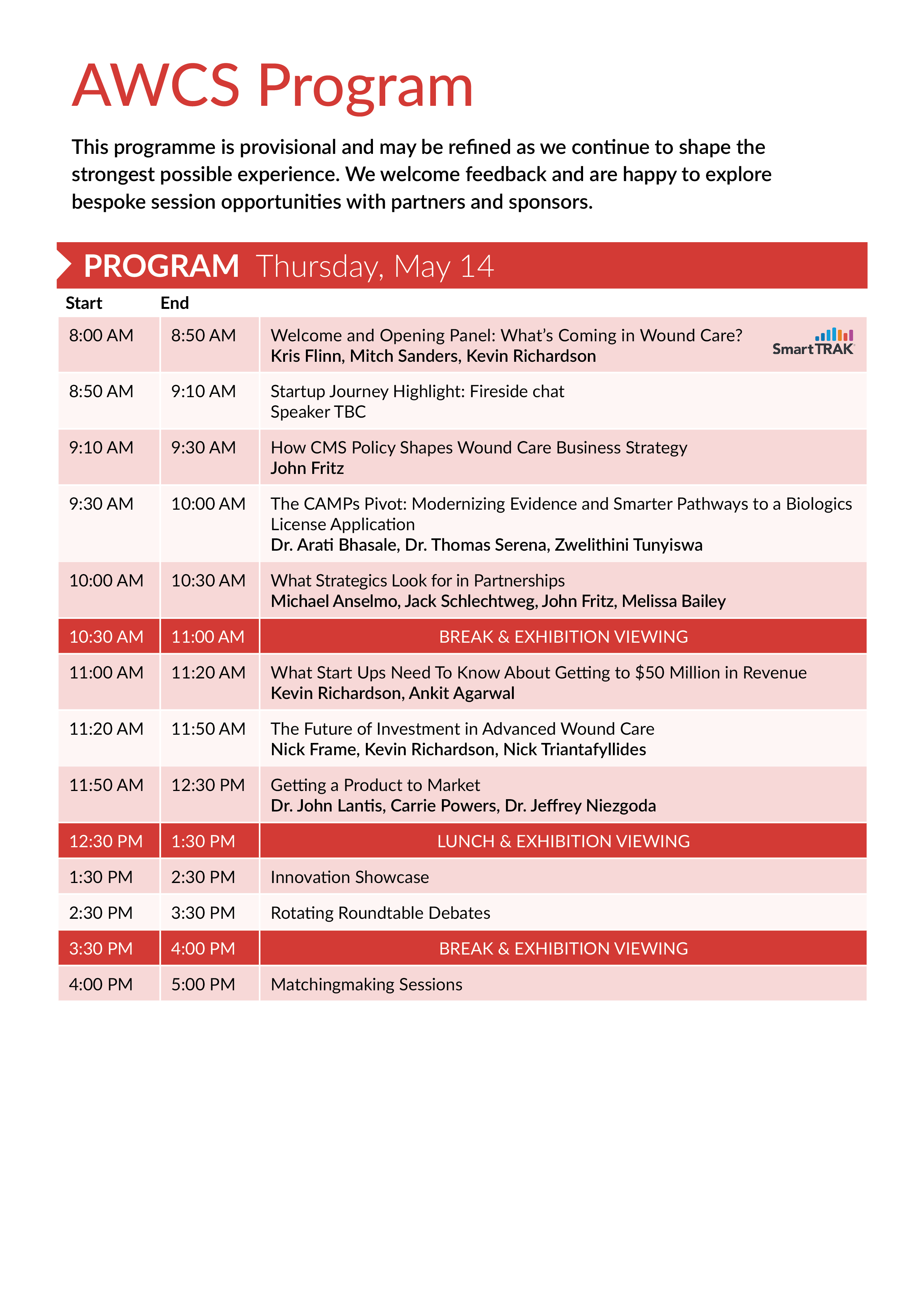 Schedule for an AWCS program on Thursday, May 14, including keynote, sessions on wound care, business strategies, investments, and networking breaks.