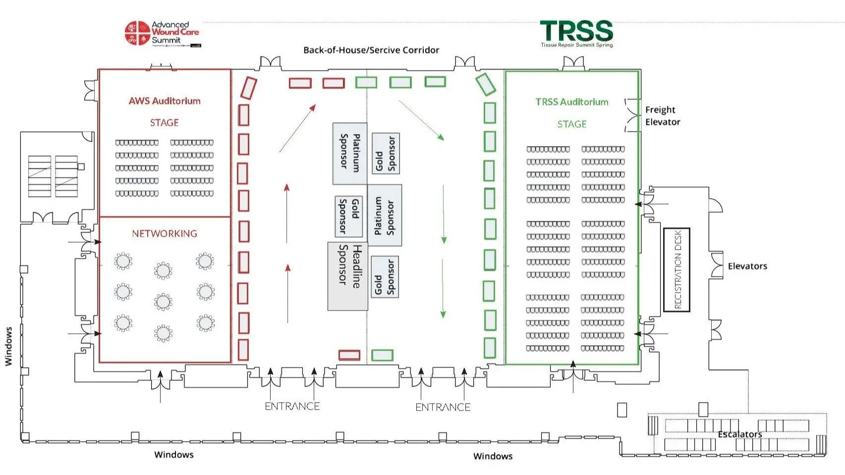 Floor plan of a conference event showing two auditoriums, a networking area, registration desks, elevators, escalators, and a service corridor.