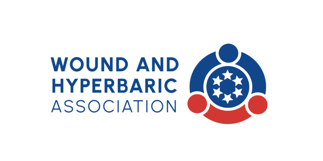 Logo of the Wound and Hyperbaric Association featuring a circular emblem with a medical star and three stylized figures in blue and red