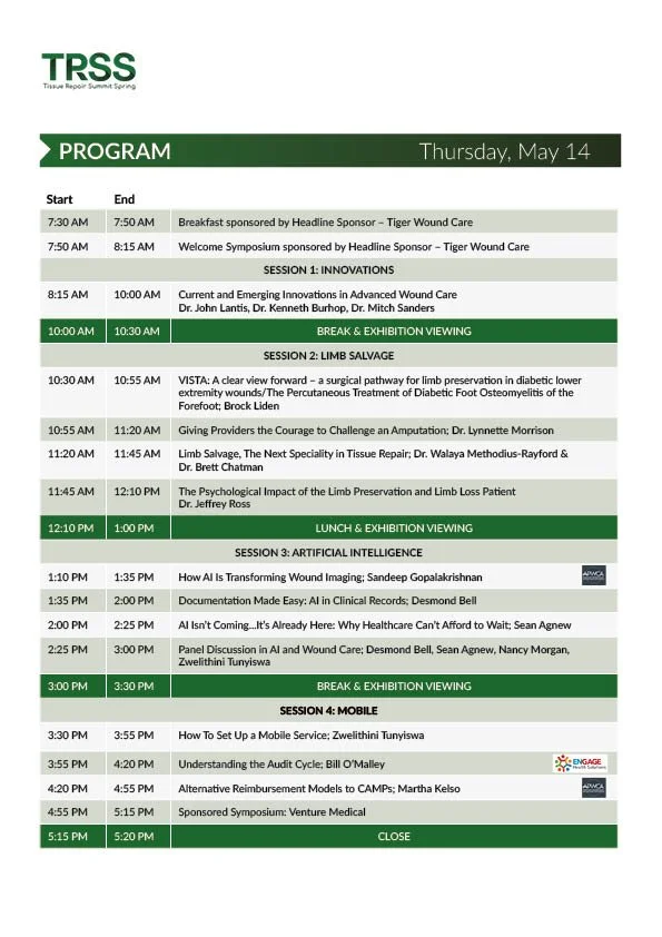 Schedule for the Tissue Repair Summit Spring program on Thursday, May 14, including sessions on innovations in wound care, limb salvage, artificial intelligence, and mobile technology, with breaks and lunch times.