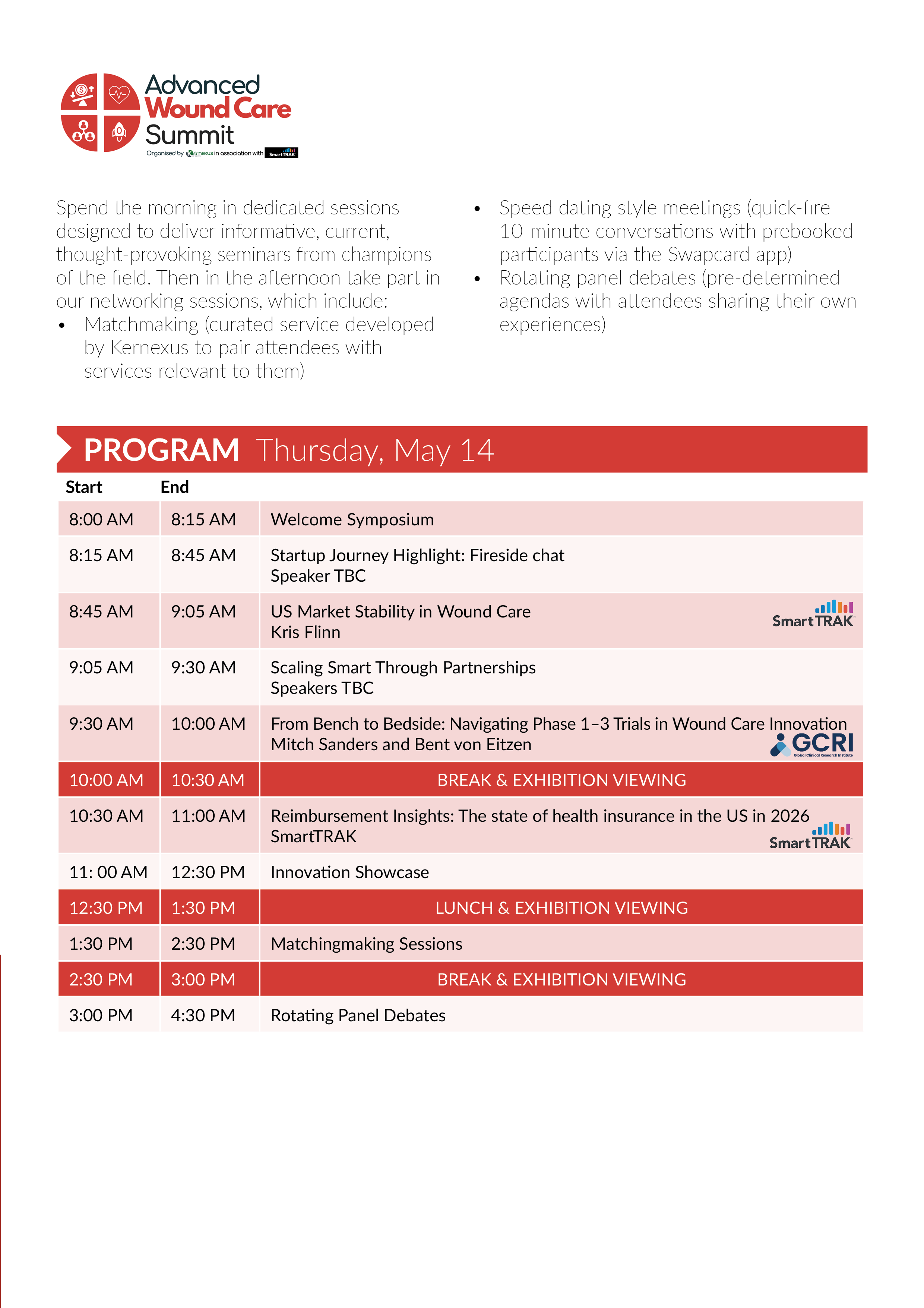 Schedule for the Advanced Wound Care Summit held on Thursday, May 14, showing session times, topics, speakers, and breaks with event logos and branding.