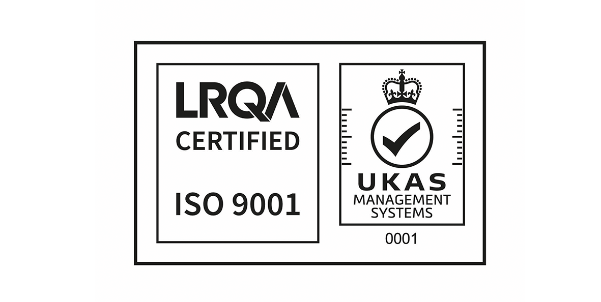 Certification labels for LRQA Certified ISO 9001 and UKAS Management Systems.